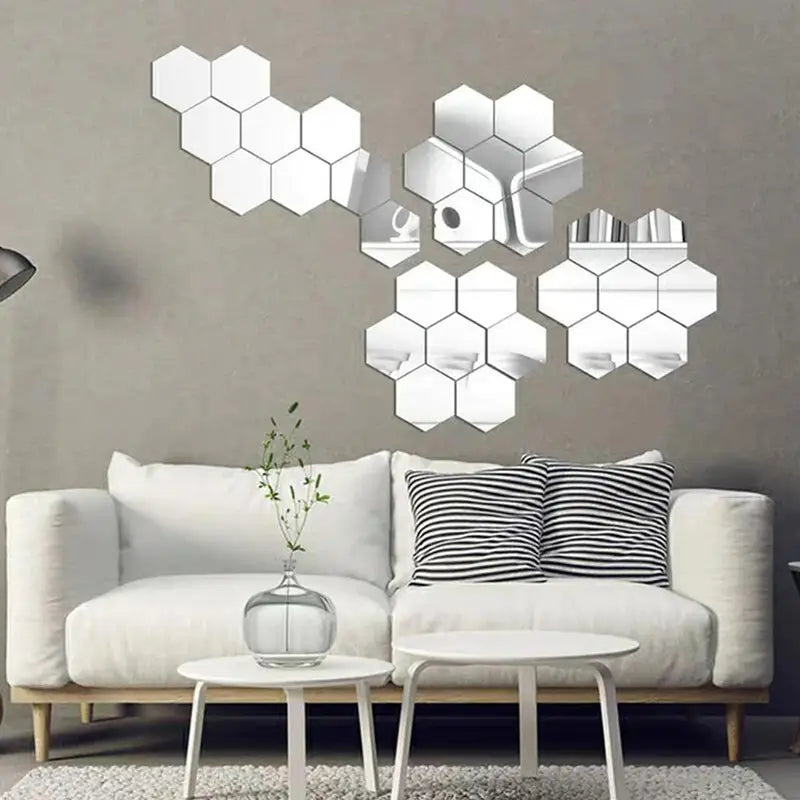 12Pcs Hexagon Silver Mirror