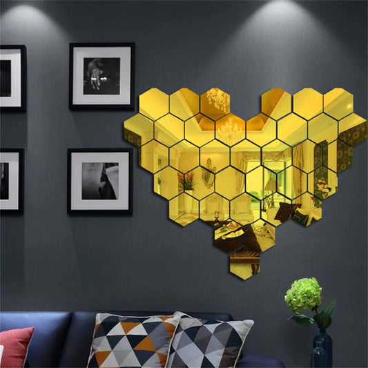 12Pcs Hexagon Golden Mirror