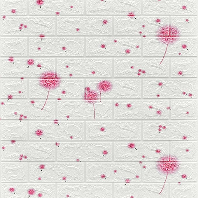 Pink Floral Peel-and-Stick Wallpaper – White Brick Effect Design