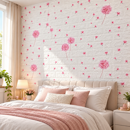Pink Floral Peel-and-Stick Wallpaper – White Brick Effect Design