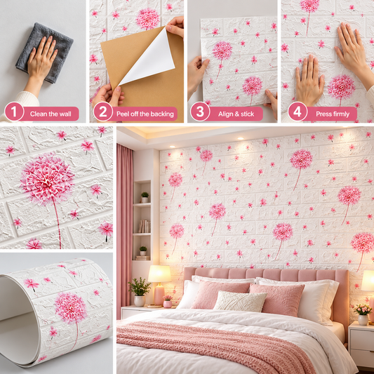 Pink Floral Peel-and-Stick Wallpaper – White Brick Effect Design